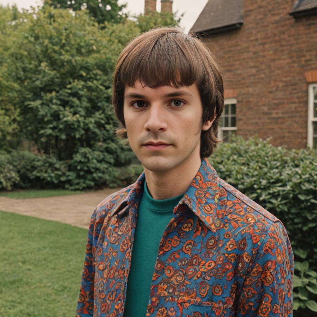 Thoughtful young man with retro hairstyle and patterned shirt in front of a vintage house