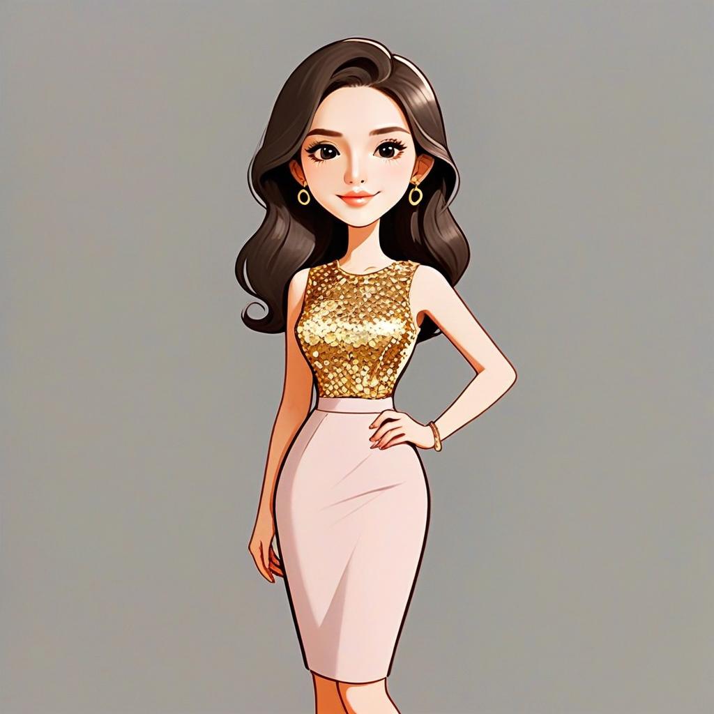 Chic Woman with Pretty Face and Pretty Hair in Gold Sequin Top and Pink Skirt Illustration