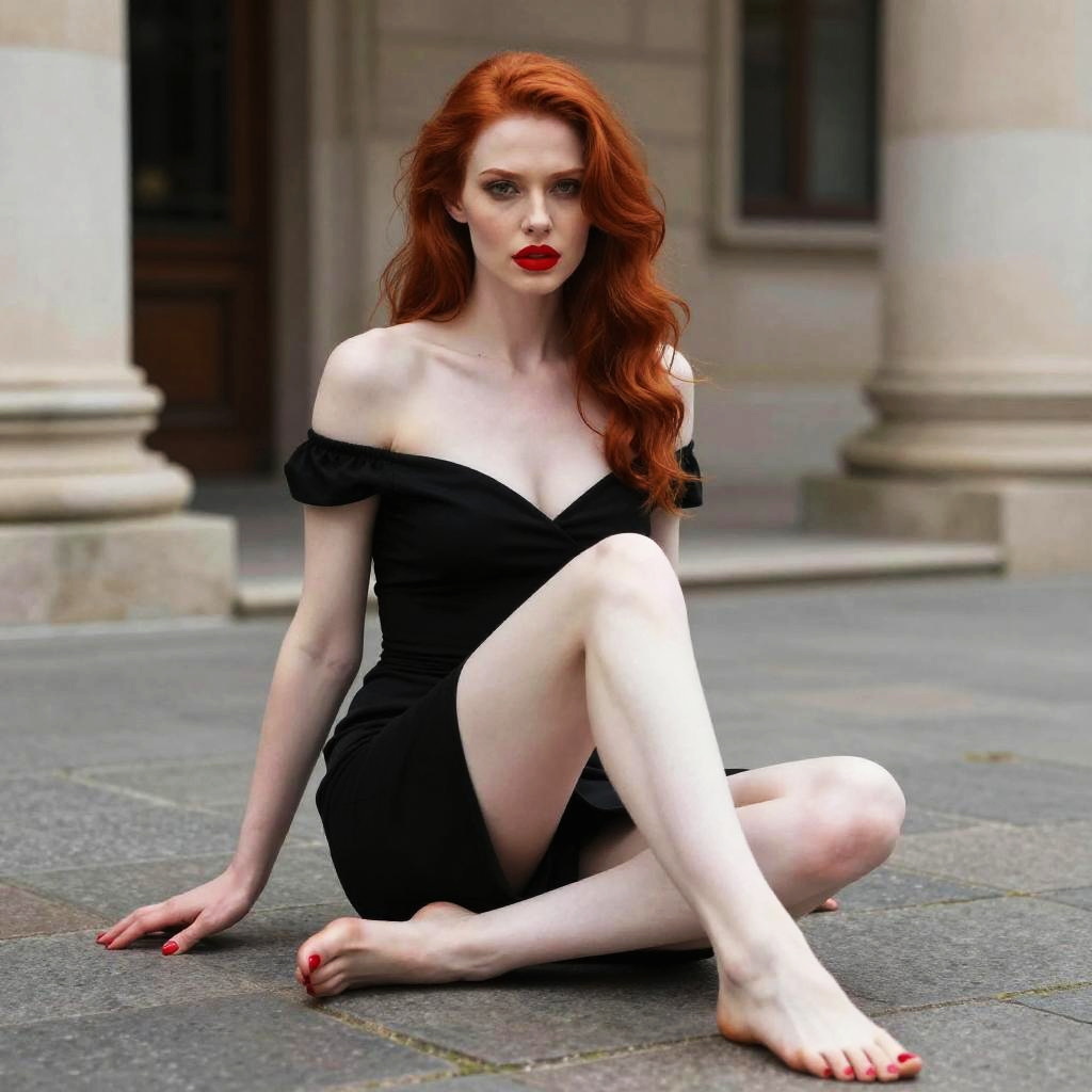Elegant Redhead Woman in Black Dress Sitting Outdoors