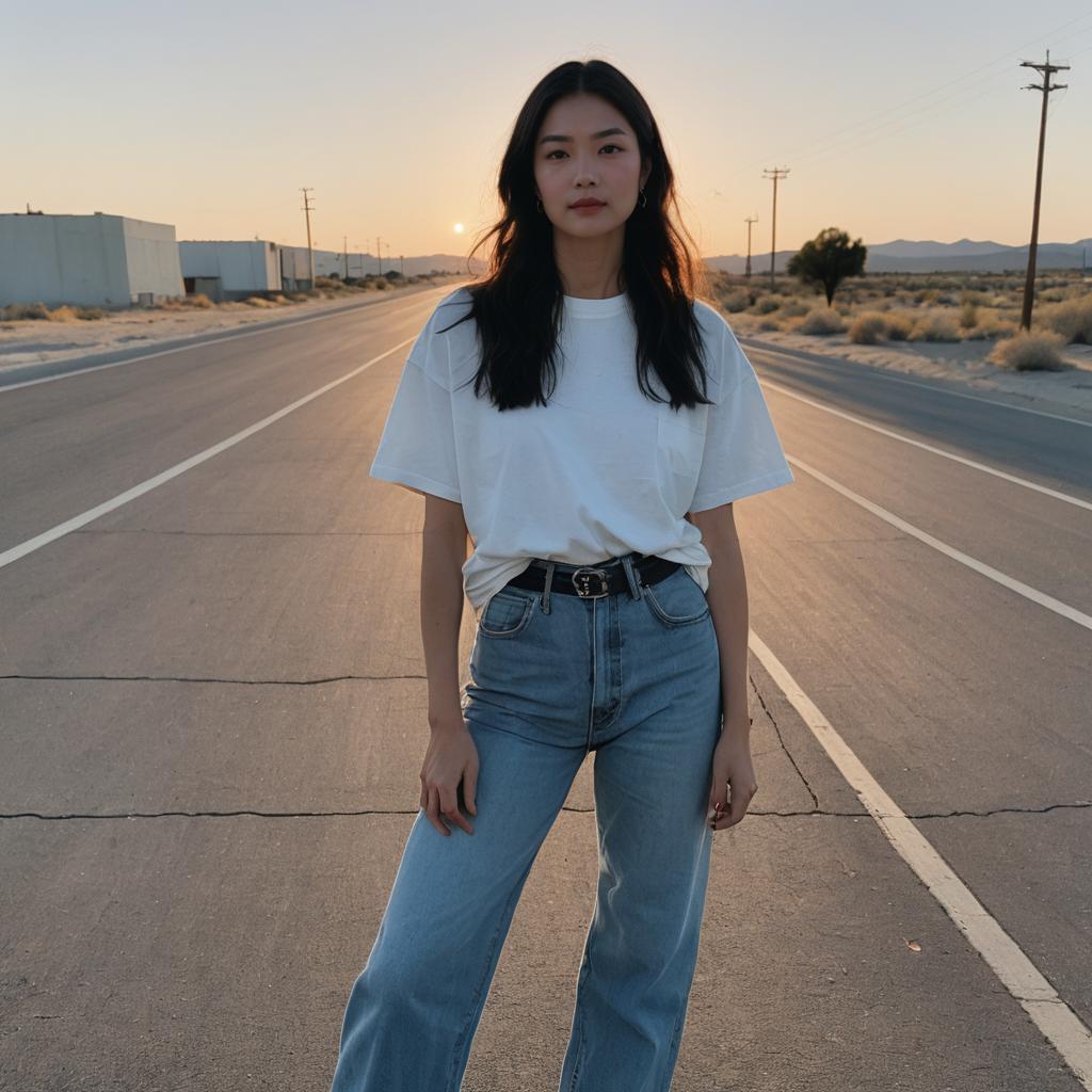 Young Woman Standing on Desert Road at Sunset in Casual Outfit