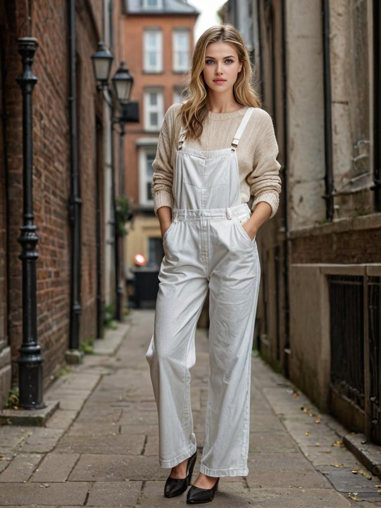 Woman in White Overalls in Urban Alley