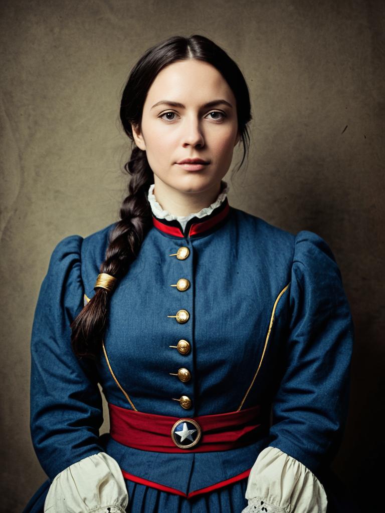 Woman in Military-Inspired Blue Dress with Gold Accents