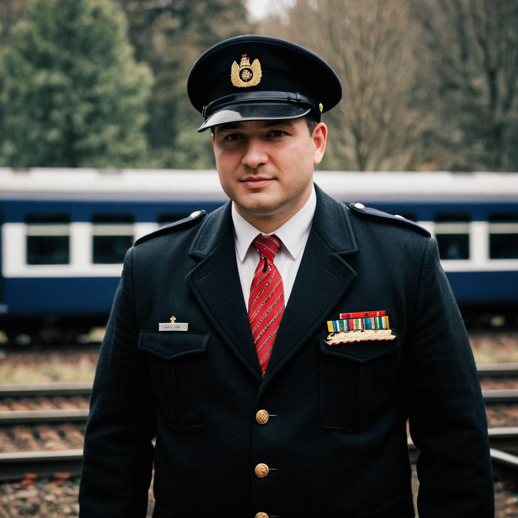 Formal Train Engineer by Railway Tracks