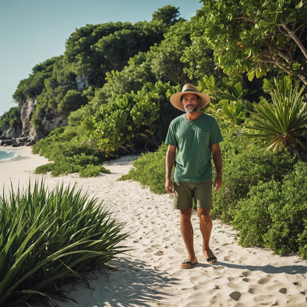 Smiling man walking on serene beach