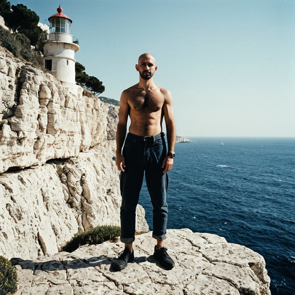 Shirtless Man on Cliff Overlooking Ocean with Lighthouse