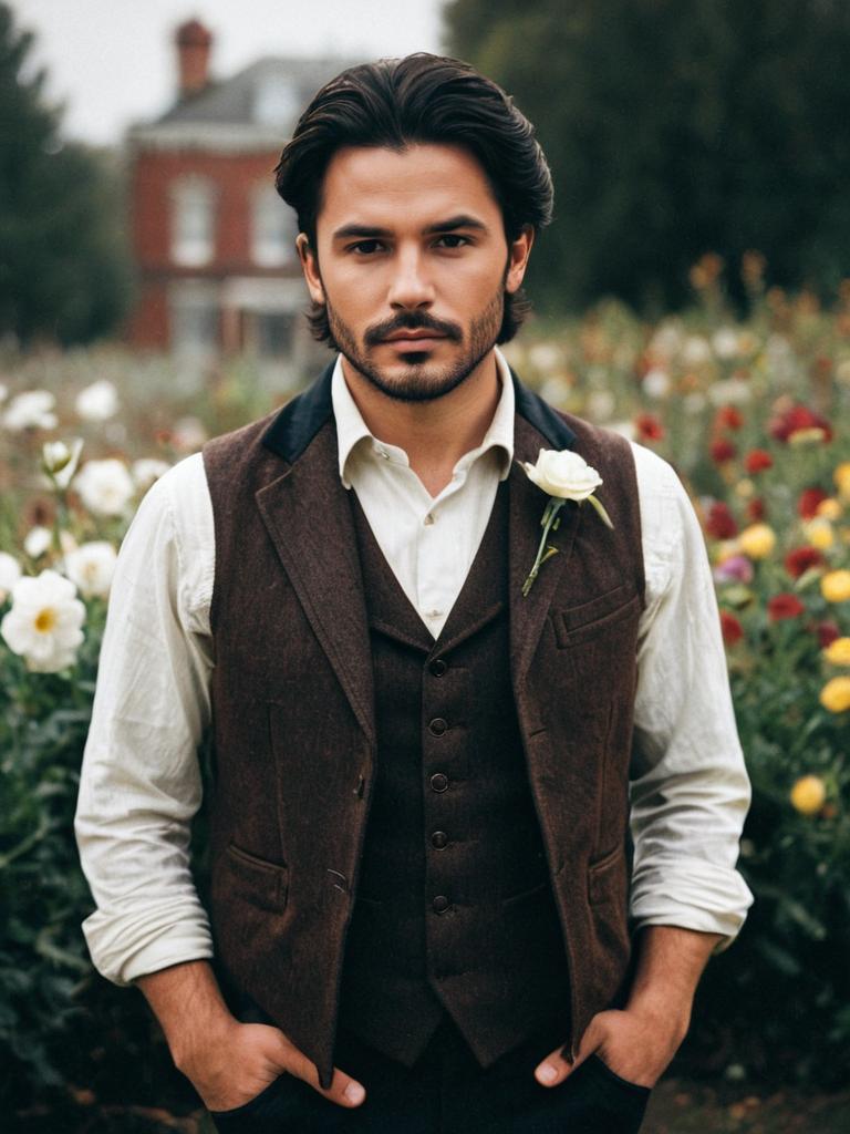 Victorian Man in Brown Waistcoat with White Rose in Flower Garden