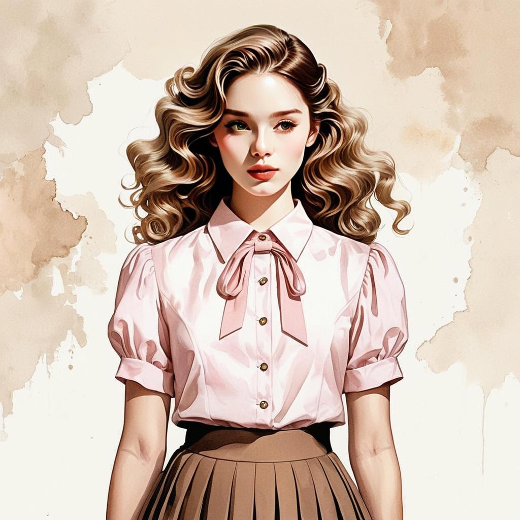 Vintage Style Digital Portrait of Woman with Wavy Blonde Hair