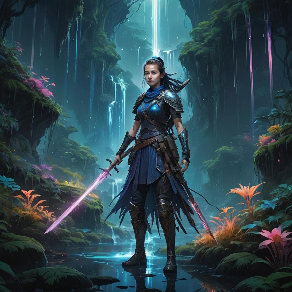 Confident Woman Warrior in Mystical Forest Confident Woman Warrior in Mystical Forest