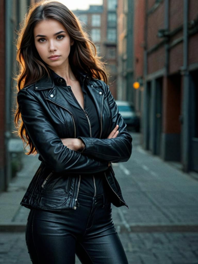 Confident Woman in Urban Setting with Leather Outfit