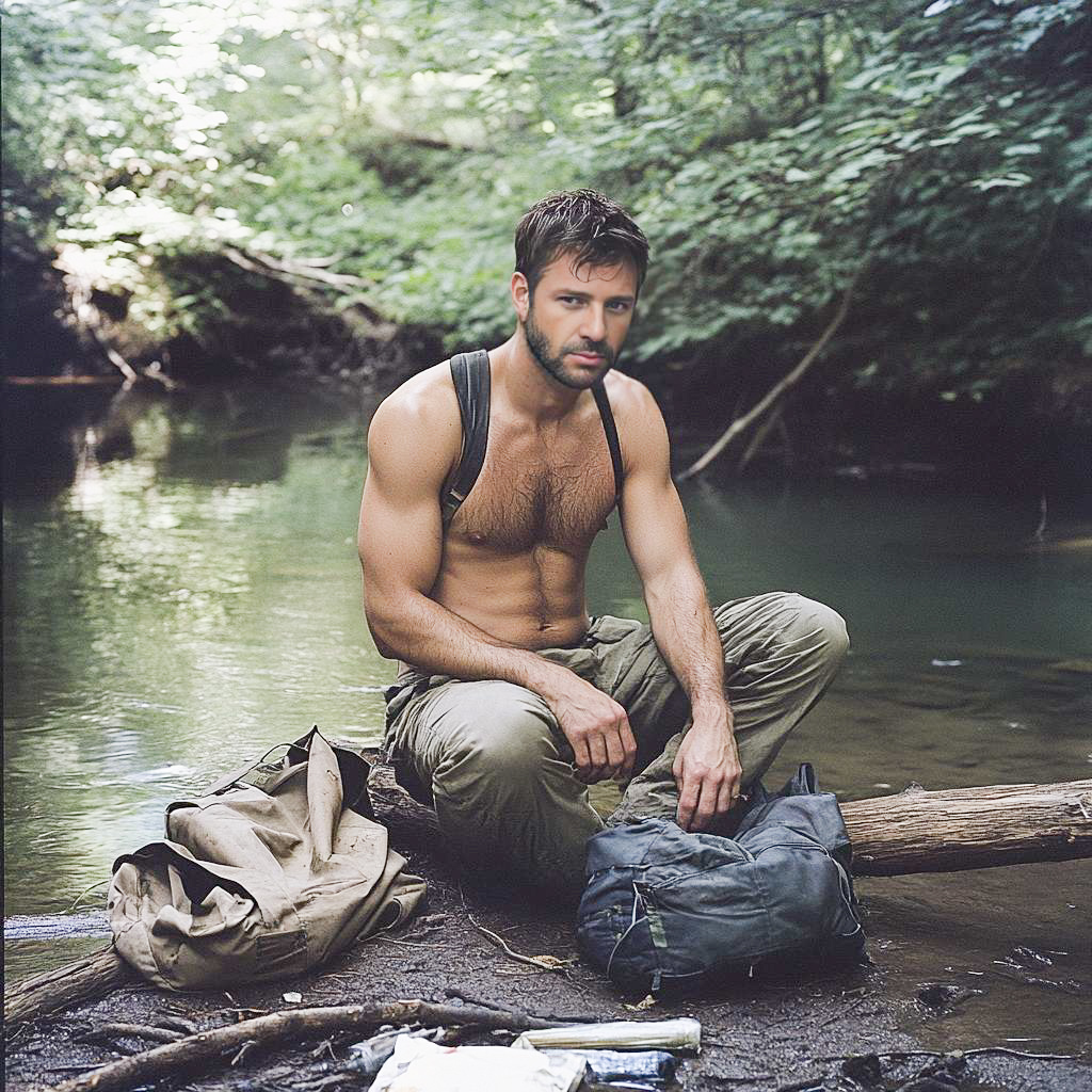 Rugged Man by Serene River in Lush Forest