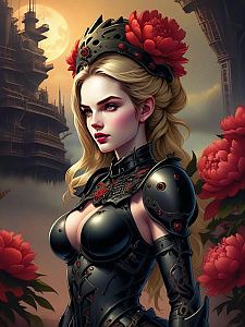 Blonde Woman in Black Armor with Red Accents