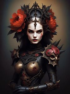 Fierce Woman in Gothic Armor with Red Roses