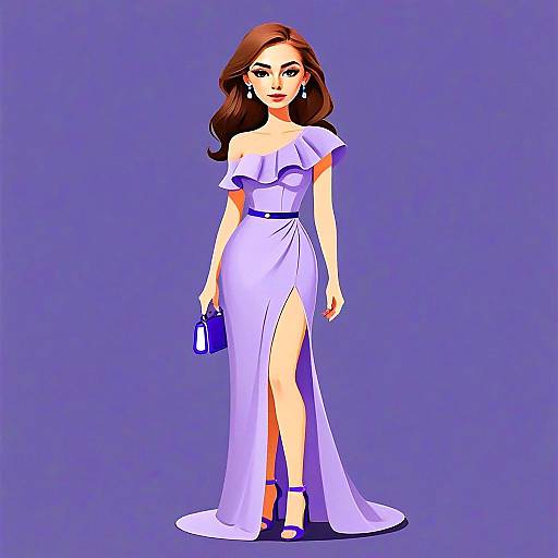 Elegant Woman in Lavender Asymmetrical Cut-Out Maxi Dress with Ruffle Detail