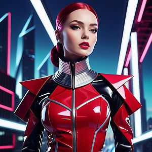 Confident Woman in Futuristic Red and Black Suit