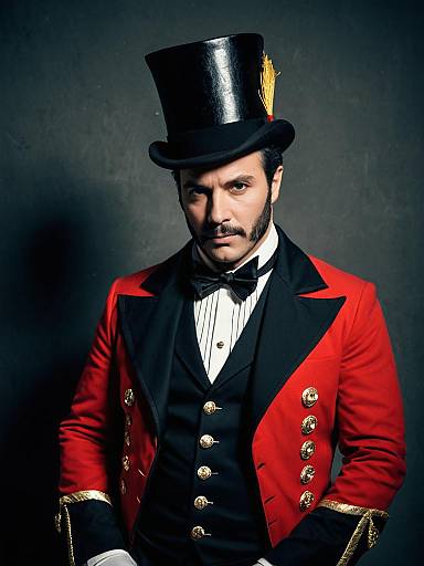 Photorealistic Portrait of Man in Vintage Ringmaster Costume with Top Hat