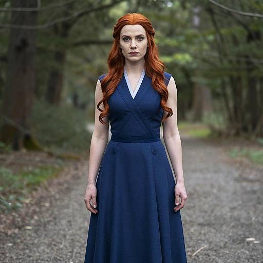 Agatha Harkness Cosplay Woman in Blue Dress Standing on Forest Path