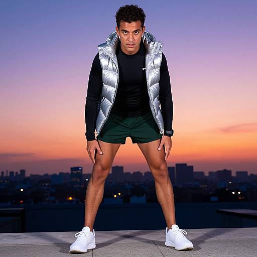 Young Man Exercising Outdoors at Sunset with Urban Skyline