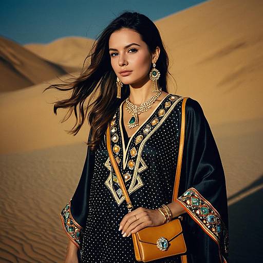 Elegant Woman in Embellished Black Kaftan with Green Gemstone Jewelry in Desert