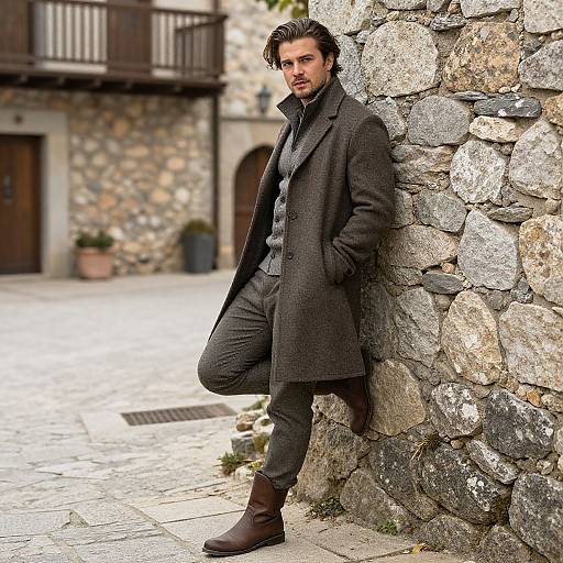 Stylish Man in Autumn Wool Coat and Boots Leaning on Stone Wall