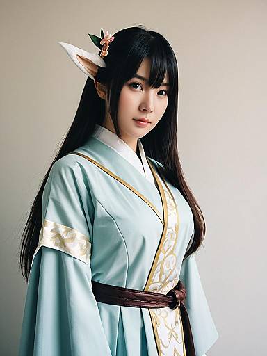 Woman in Traditional Fantasy Costume with Elf Ears and Floral Hair Accessories