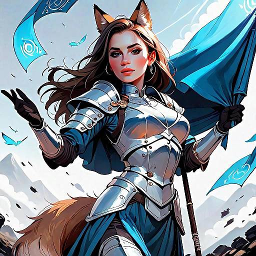 Female Fox-Eared Warrior in Medieval Armor Holding Blue Banners Fantasy Art