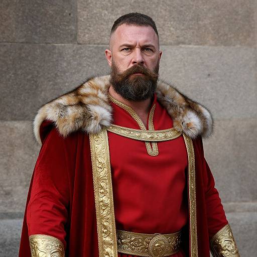 Regal Man in Ornate Medieval Red and Gold Robe with Fur Trim