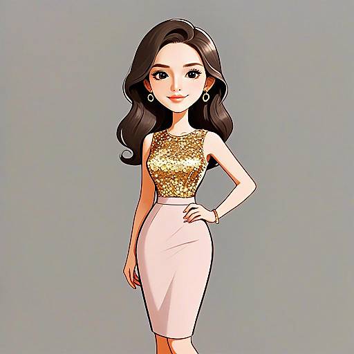 Chic Woman with Pretty Face and Pretty Hair in Gold Sequin Top and Pink Skirt Illustration
