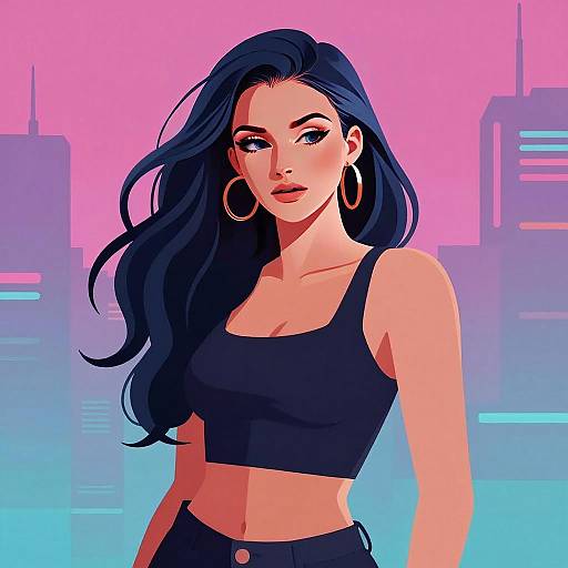 Stylish Gen Z Woman in Urban Neon Cityscape Illustration