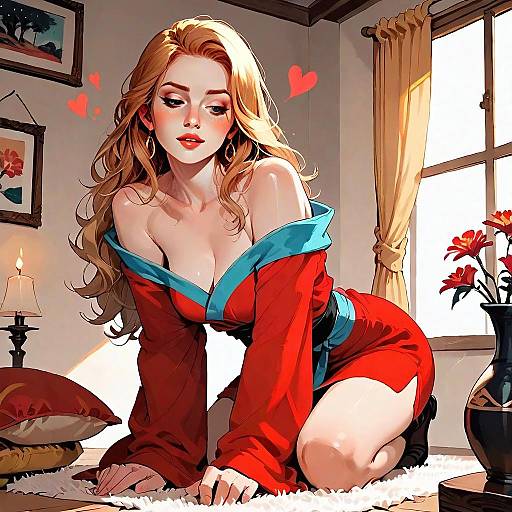 Blonde Woman in Red Dress Kneeling Indoors Digital Art Illustration