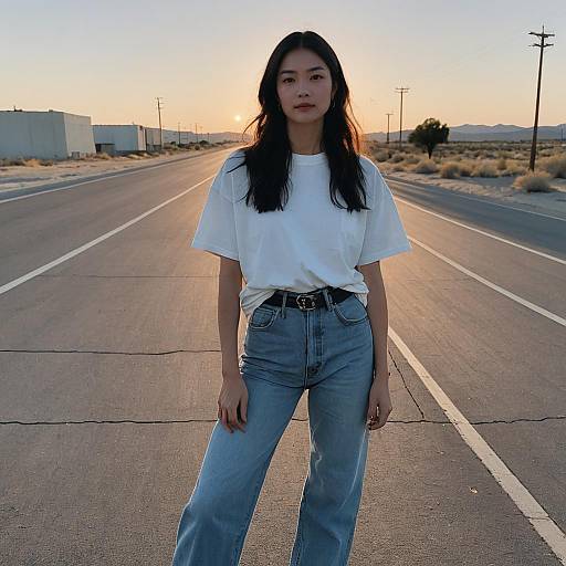 Young Woman Standing on Desert Road at Sunset in Casual Outfit
