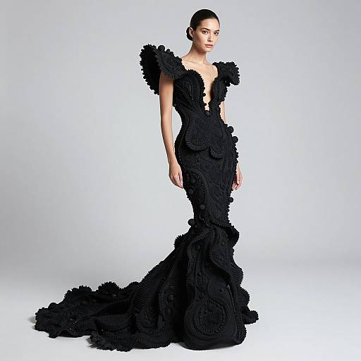 Dramatic Black Couture Evening Gown with Sculptural Details