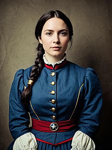 Woman in Military-Inspired Blue Dress with Gold Accents