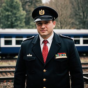 Formal Train Engineer by Railway Tracks