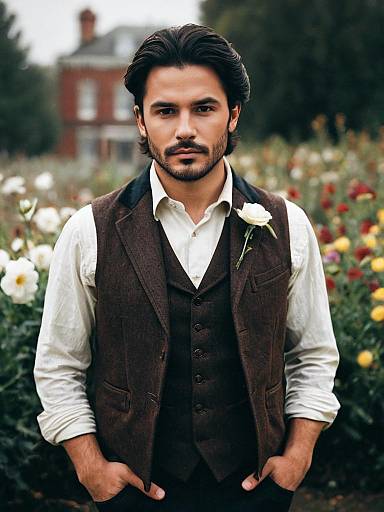 Victorian Man in Brown Waistcoat with White Rose in Flower Garden