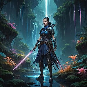 Confident Woman Warrior in Mystical Forest