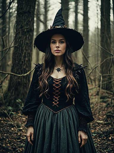 Woman in Woodland Witch Costume in Cinematic Realism Magical Fantasy Forest