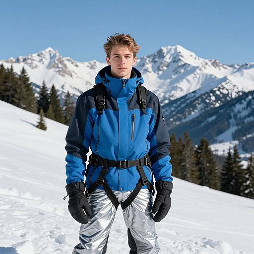 Young Man in Blue Winter Jacket and Silver Snow Pants in Snowy Mountains