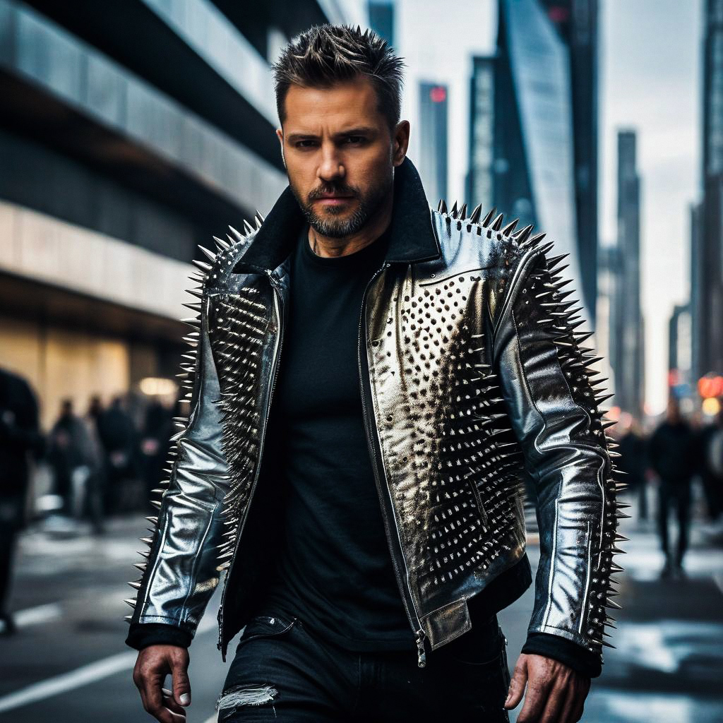 Confident Man in Silver Spiked Jacket in Urban Setting