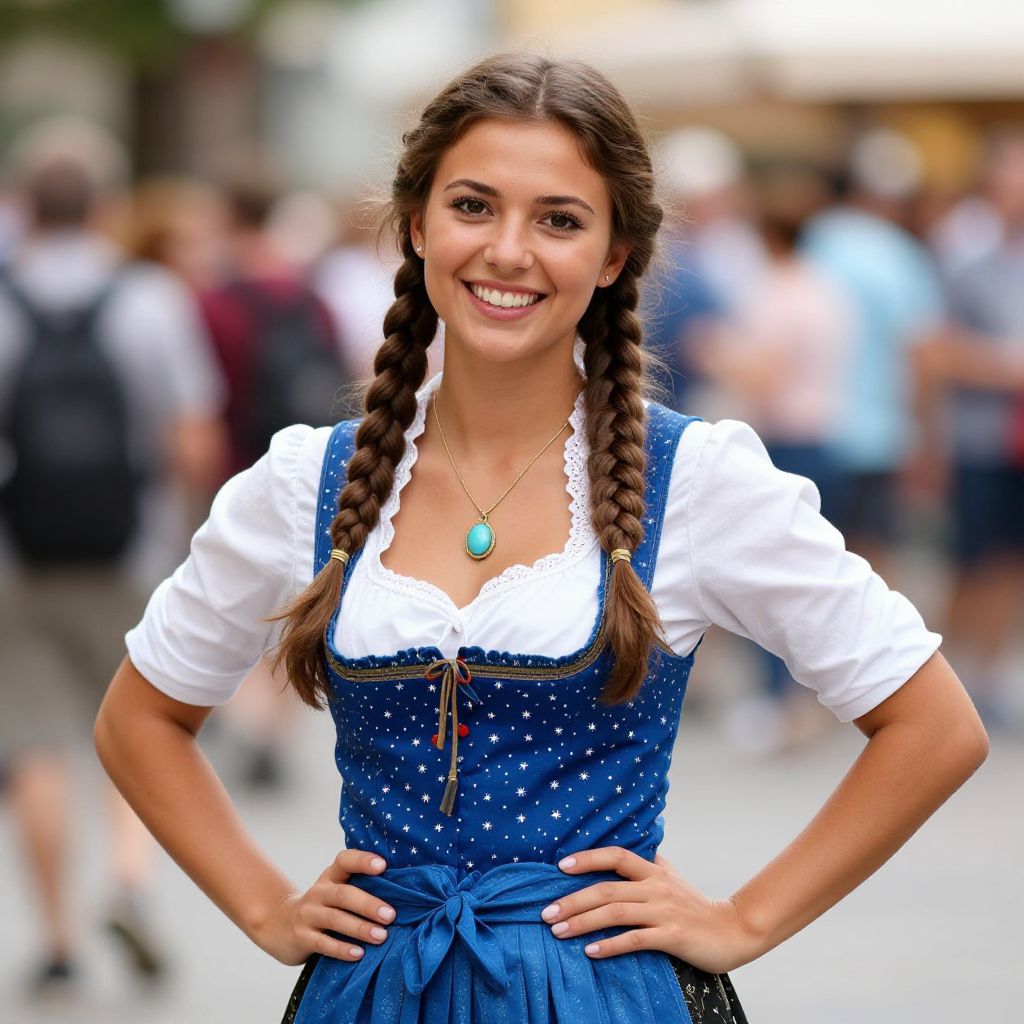 Young Woman in Traditional Blue Dirndl Dress with Braided Hair