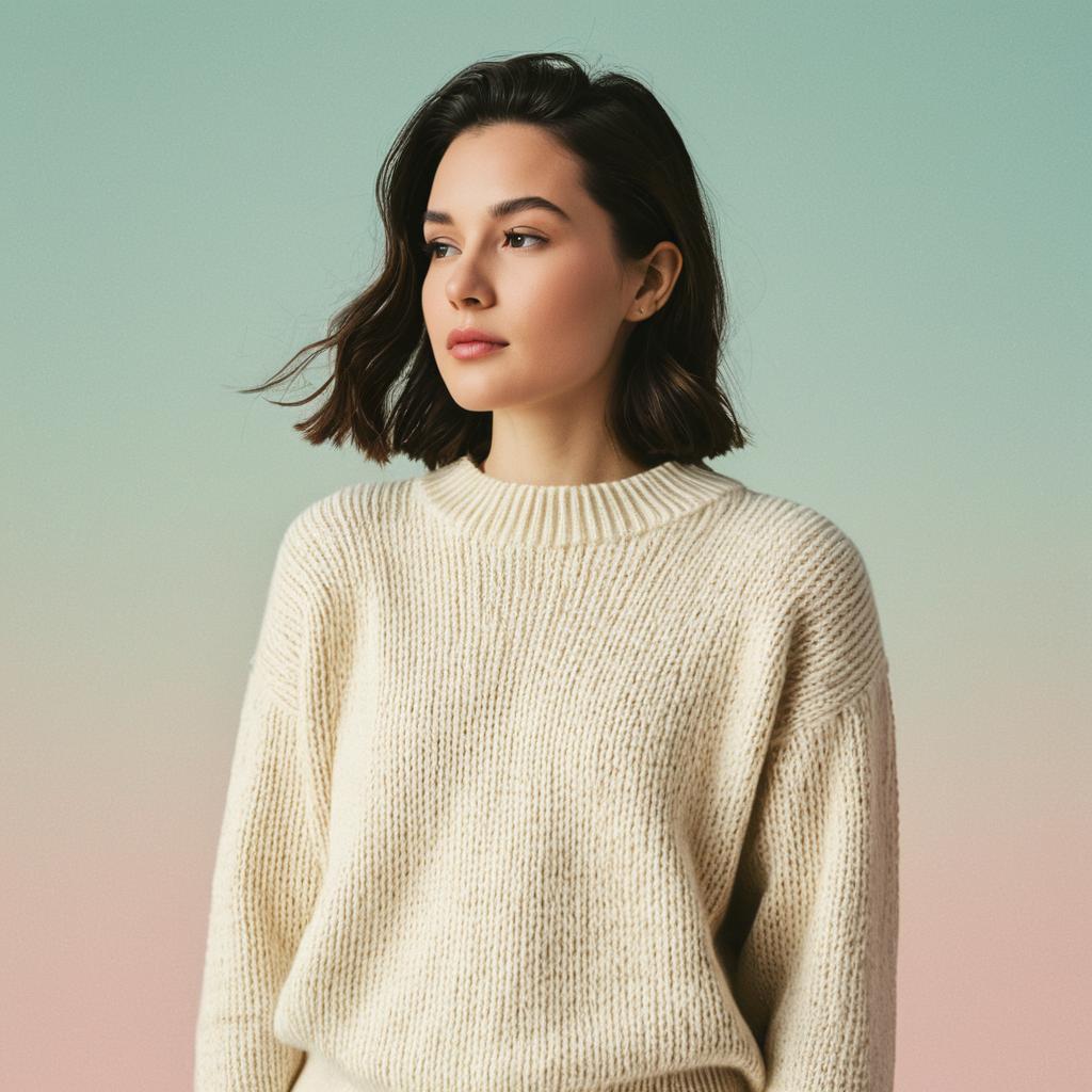 Young Woman in Cream Knit Sweater with Soft Gradient Background