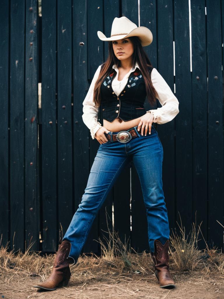 Confident Woman in Cowgirl Outfit with Jeans and Cowboy Hat – Cinematic Western Style