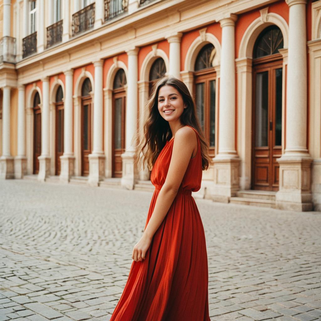 Smiling Woman in Red Dress on Cobblestone Street with Classical Architecture