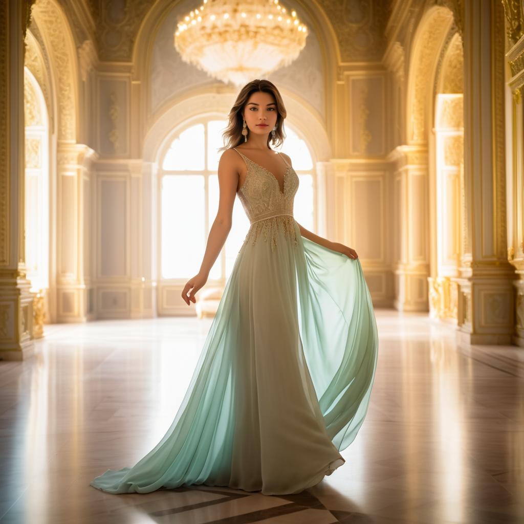 Elegant Woman in Teal Gown in Lavish Hall