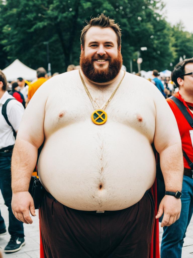 Man in Fat Guy Costume with X-Men Necklace at Cosplay Festival
