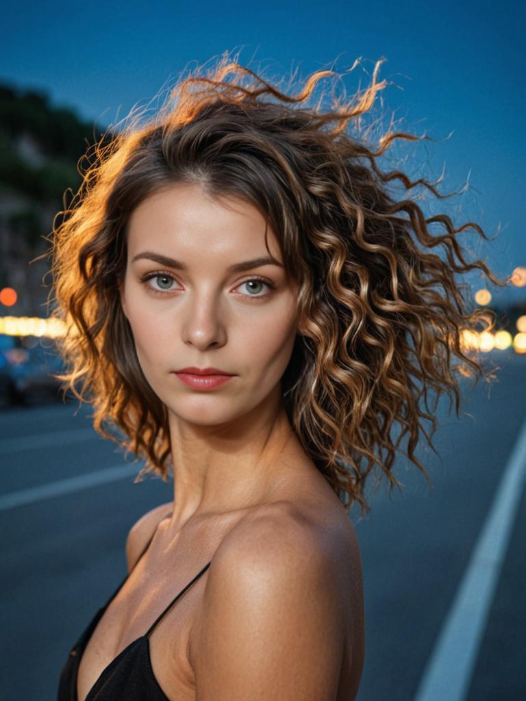 Casual-chic woman outdoors at twilight