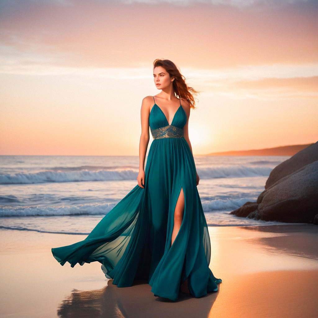 Woman in Teal Dress at Sunset on Beach