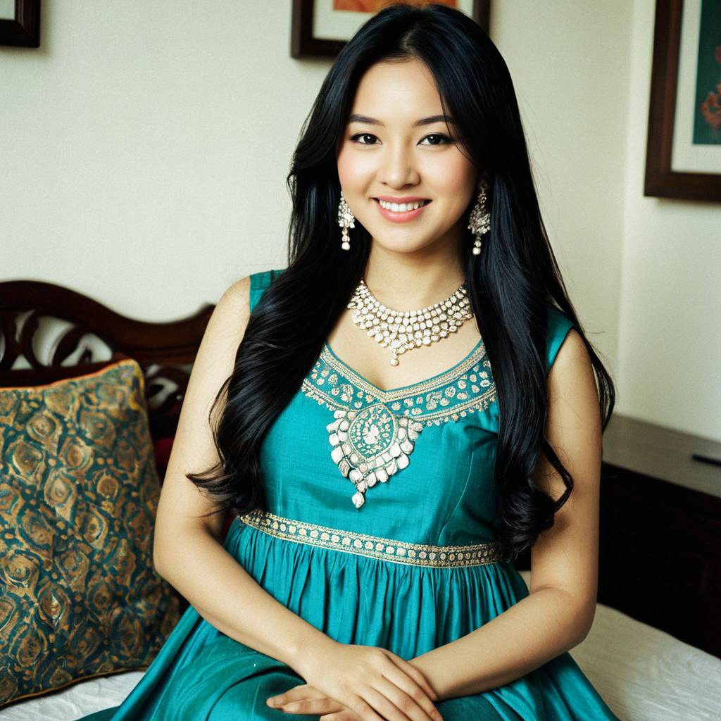 Woman in Teal Salwar Frock with Jewelry Woman in Teal Salwar Frock with Jewelry