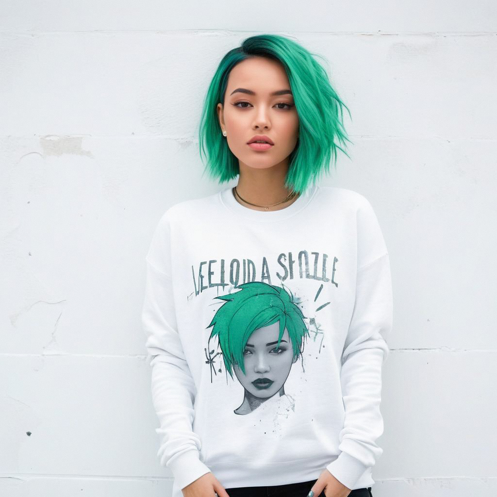 Young Woman with Green Hair in White Sweatshirt Young Woman with Green Hair in White Sweatshirt