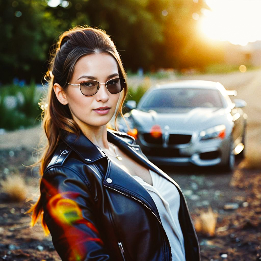 Confident Woman in Leather Jacket with Luxury Car at Sunset