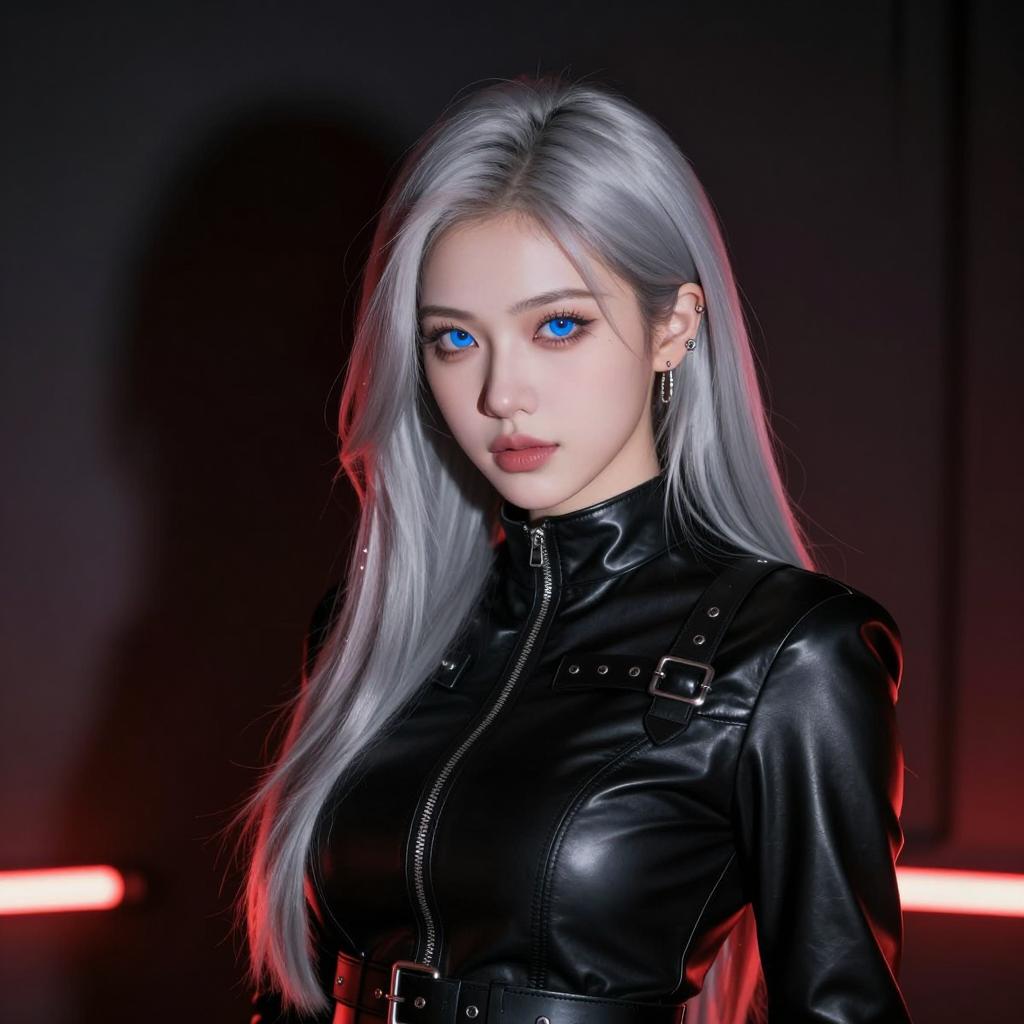 Gen Z Woman with Silver Hair in Black Leather Jacket Cyberpunk Style